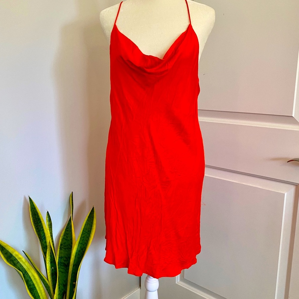 Zara Cowl Neck Low Back Satin Orange Mini Dress